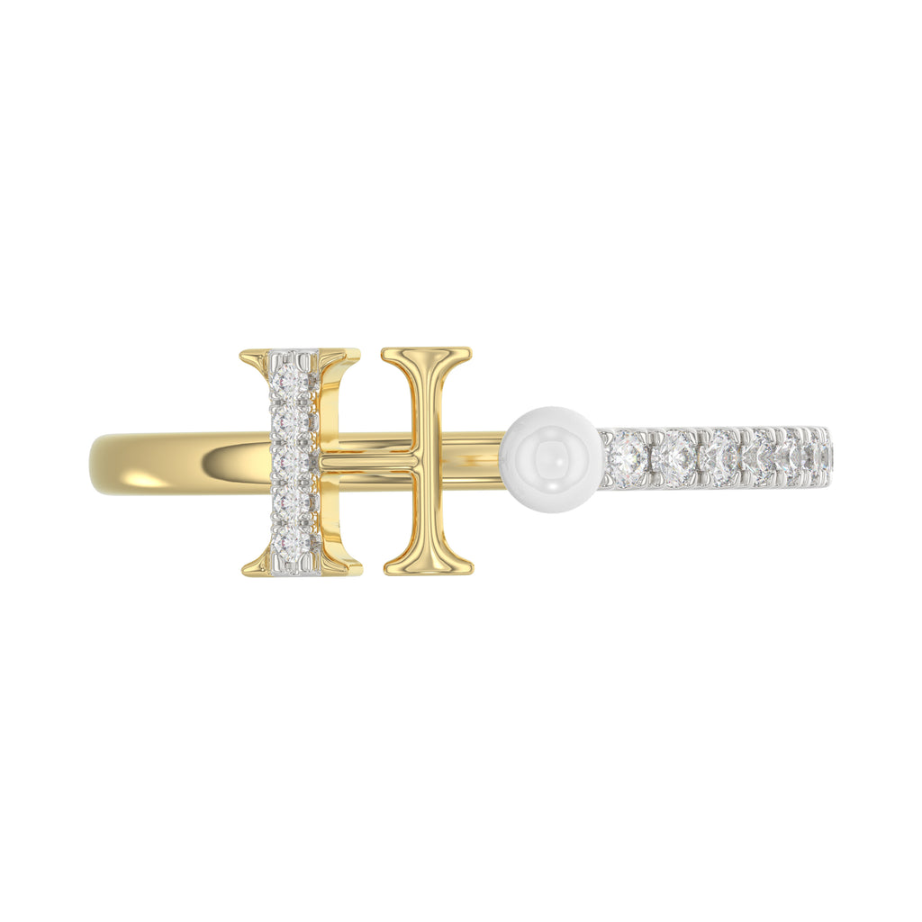 Stylish 10K Yellow Gold Ladies Ring Featuring Letter “H”, Luminous Pearl, And Round Diamond Accents. A Delicate 0.10Ct Fine Jewelry Piece.