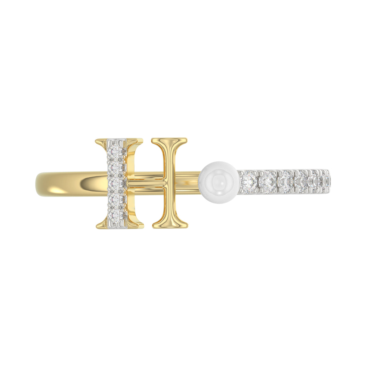 Stylish 10K Yellow Gold Ladies Ring Featuring Letter “H”, Luminous Pearl, And Round Diamond Accents. A Delicate 0.10Ct Fine Jewelry Piece.