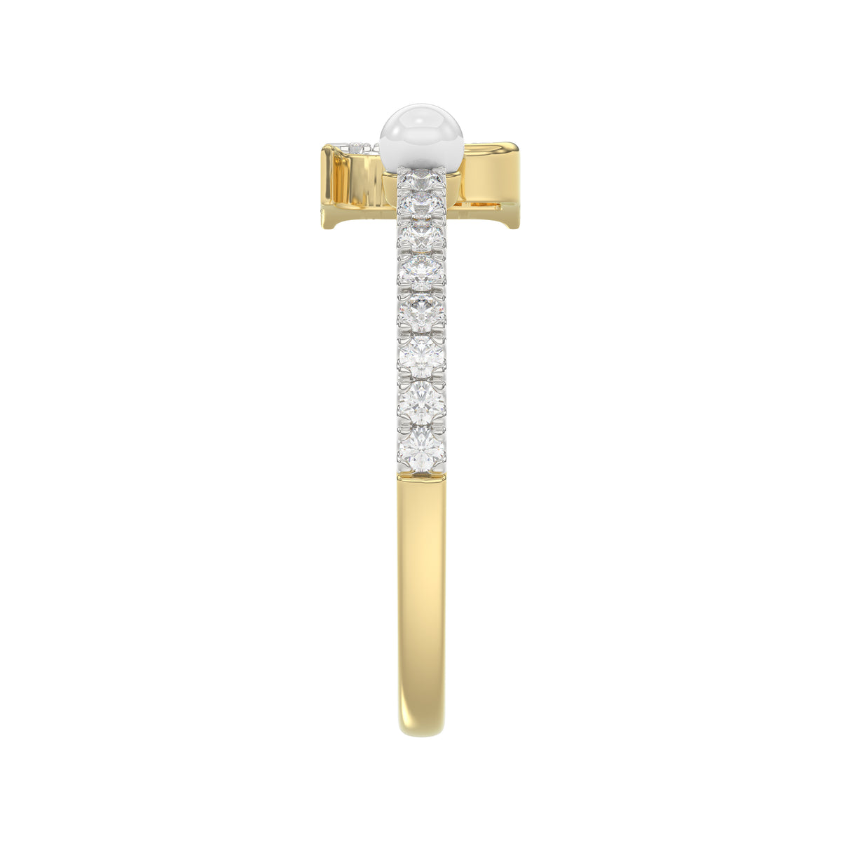 Stylish 10K Yellow Gold Ladies Ring Featuring Letter “P”, Luminous Pearl, And Round Diamond Accents. A Delicate 0.10Ct Fine Jewelry Piece.