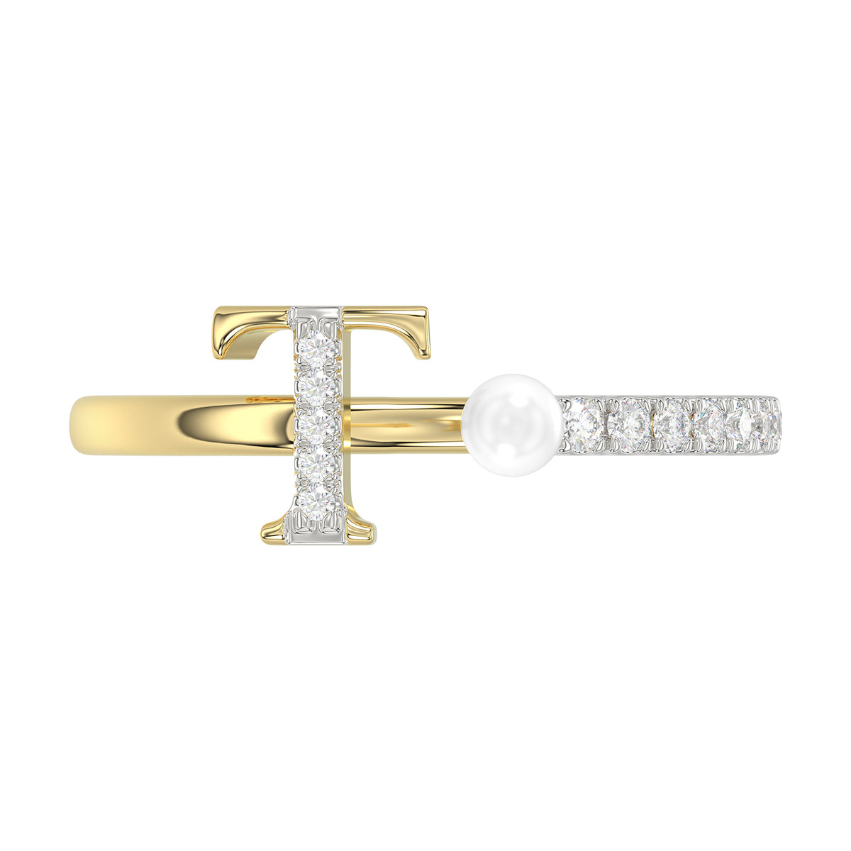 Women�S 10K Yellow Gold Letter �T� Diamond & Pearl Ring 0.10Ct Round Diamond Fine Jewelry