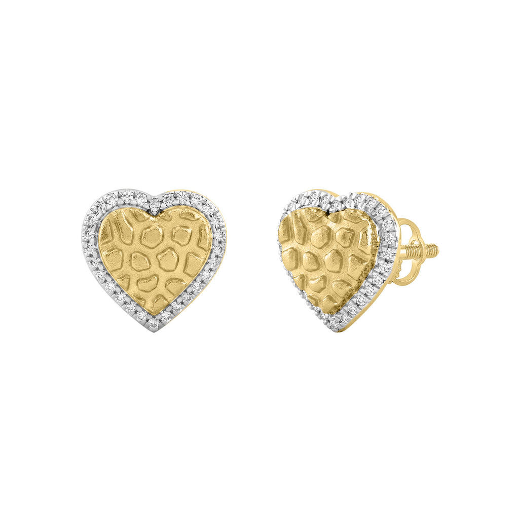 Sterling Silver Nugget Heart Stud Earrings With 0.10Ct Round Diamonds For Women