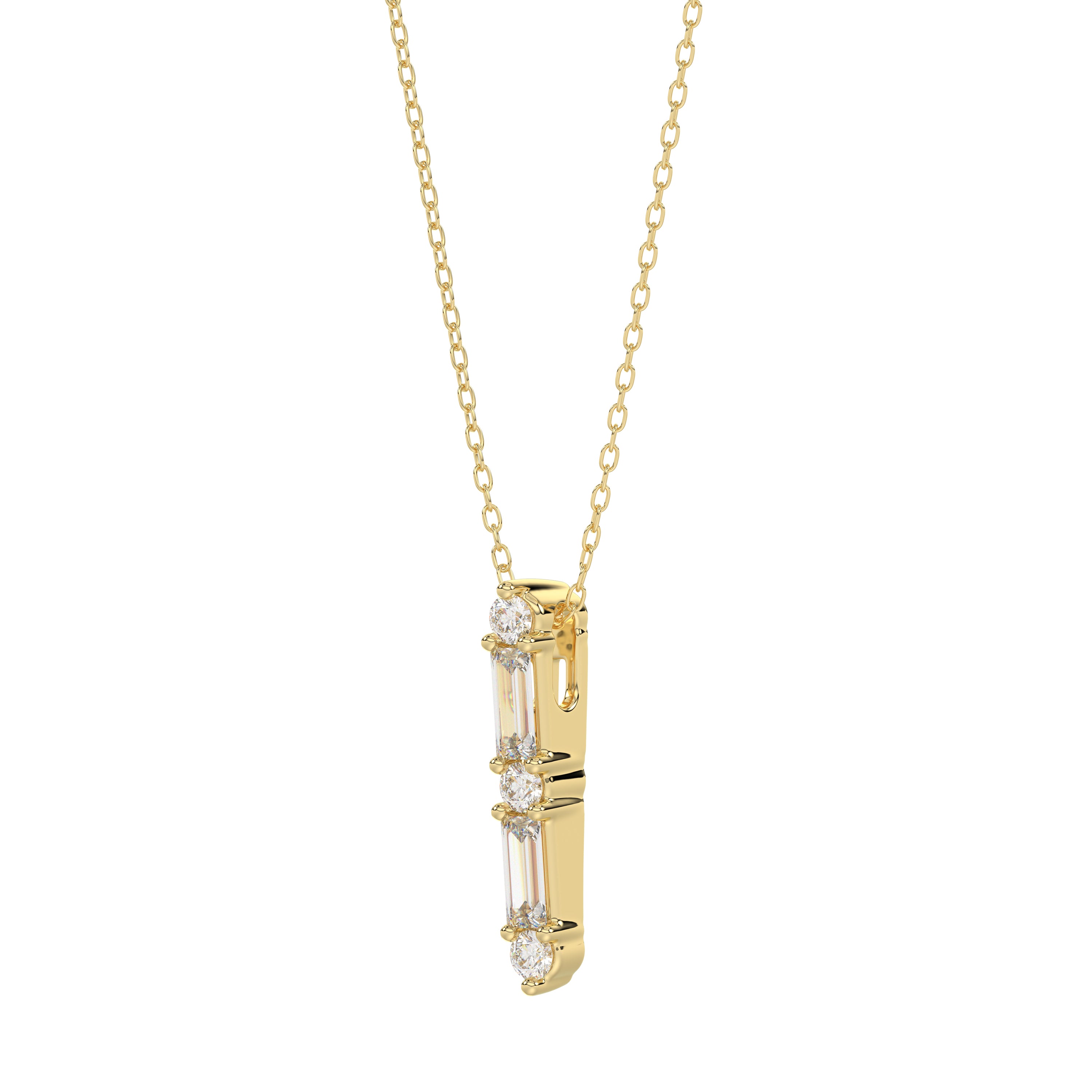 10K Yellow Gold 0.10Ct Diamond Pendant With Chain Featuring Round And Baguette Accents. A Simple Yet Sophisticated Ladies Fine Jewelry Piece.