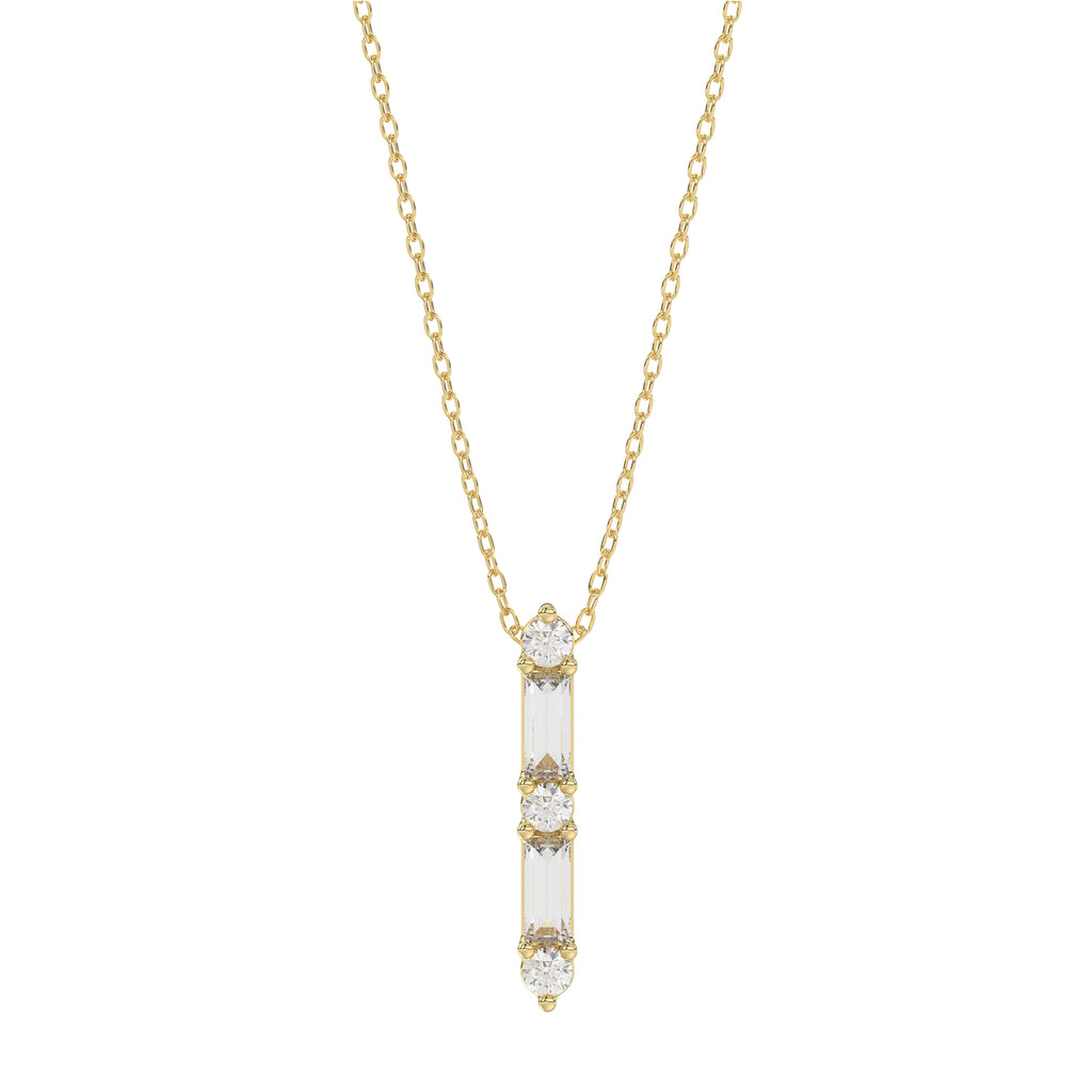 10K Yellow Gold 0.10Ct Diamond Pendant With Chain Featuring Round And Baguette Accents. A Simple Yet Sophisticated Ladies Fine Jewelry Piece.