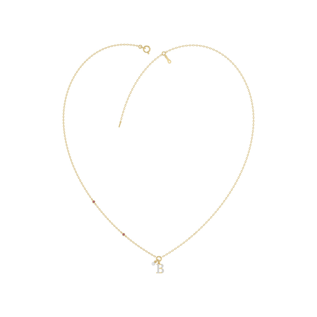 Stylish 10K Yellow Gold Ladies “K” Letter Necklace Featuring Round Ruby Diamonds And Pearl Accents. A Delicate And Personalized Fine Jewelry