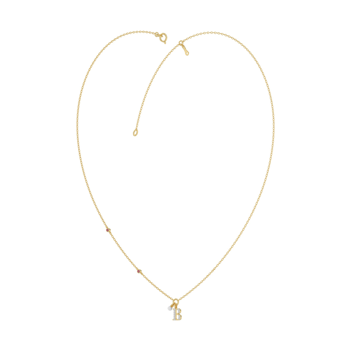 Stylish 10K Yellow Gold Ladies “B” Letter Necklace Featuring Round Ruby Diamonds And Pearl Accents. A Delicate And Personalized Fine Jewelry