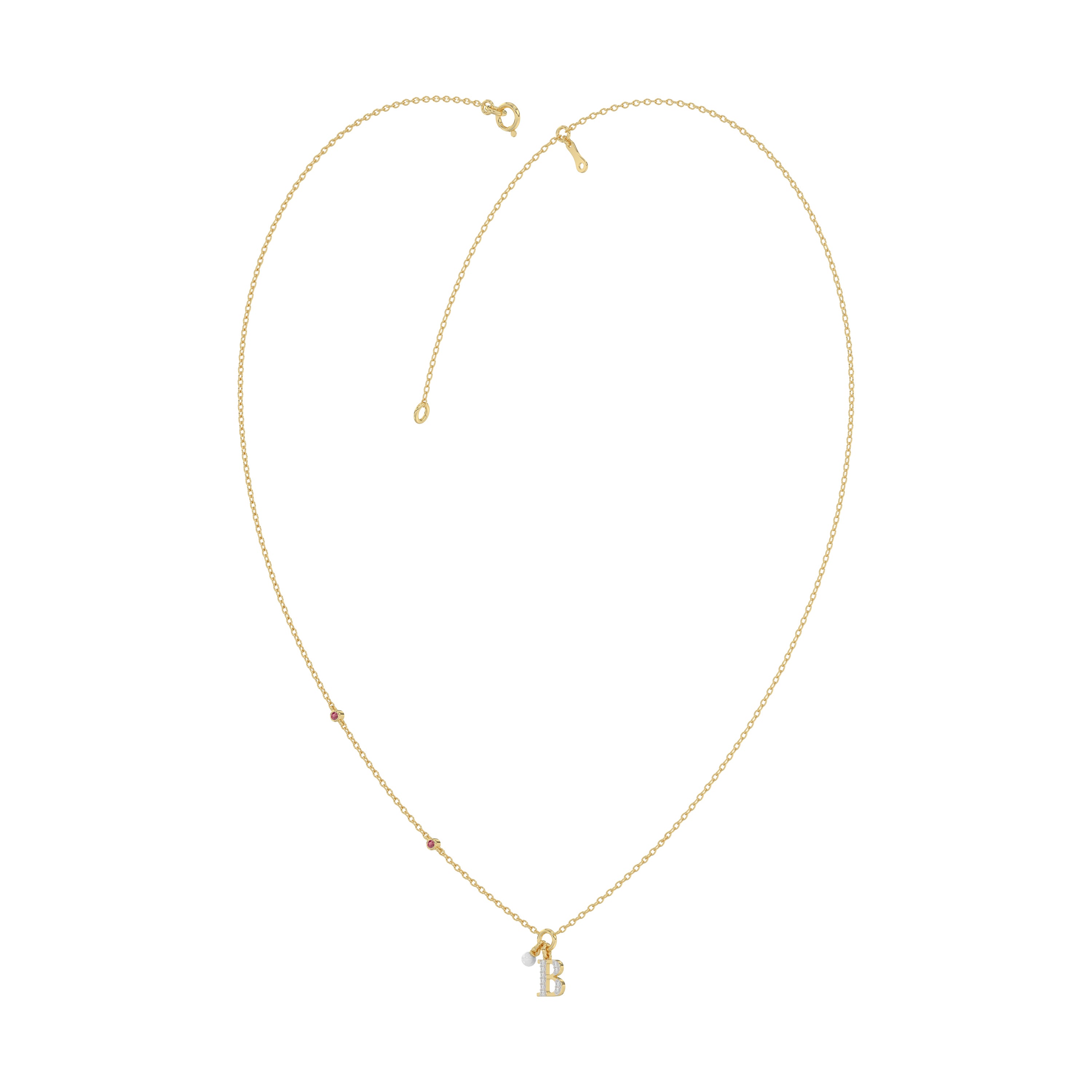 Stylish 10K Yellow Gold Ladies “K” Letter Necklace Featuring Round Ruby Diamonds And Pearl Accents. A Delicate And Personalized Fine Jewelry
