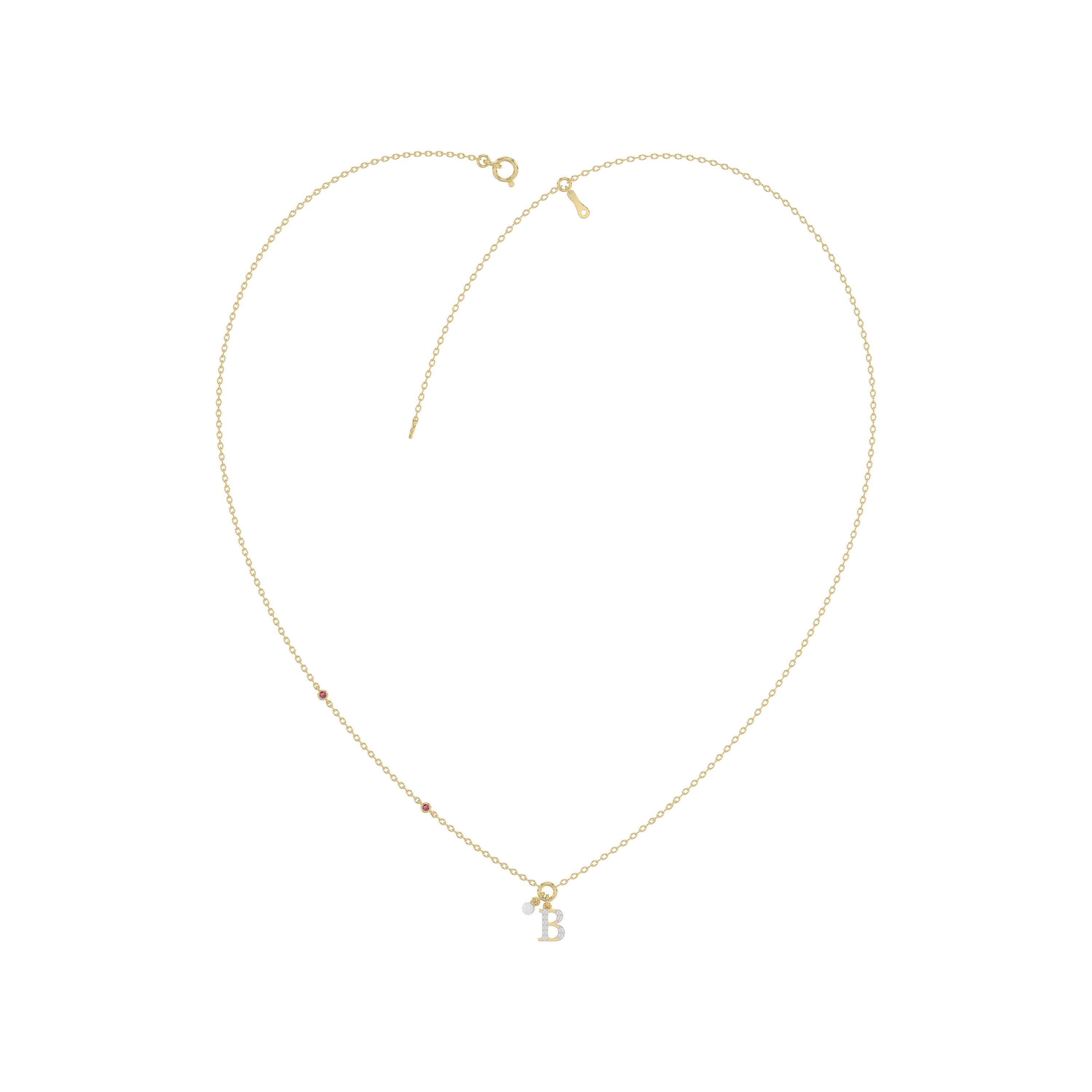 Stylish 10K Yellow Gold Ladies “B” Letter Necklace Featuring Round Ruby Diamonds And Pearl Accents. A Delicate And Personalized Fine Jewelry