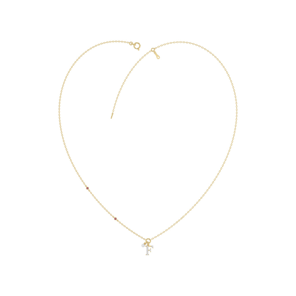 Stylish 10K Yellow Gold Ladies “F” Letter Necklace Featuring Round Ruby Diamonds And Pearl Accents. A Delicate And Personalized Fine Jewelry