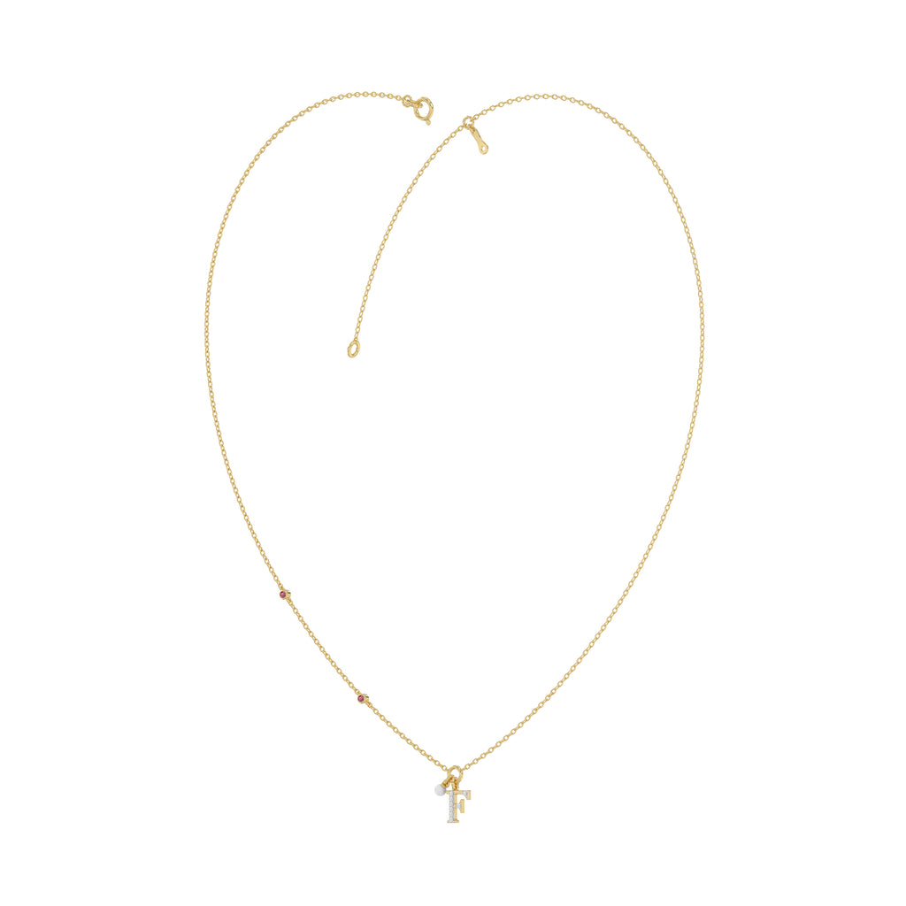 Stylish 10K Yellow Gold Ladies “F” Letter Necklace Featuring Round Ruby Diamonds And Pearl Accents. A Delicate And Personalized Fine Jewelry