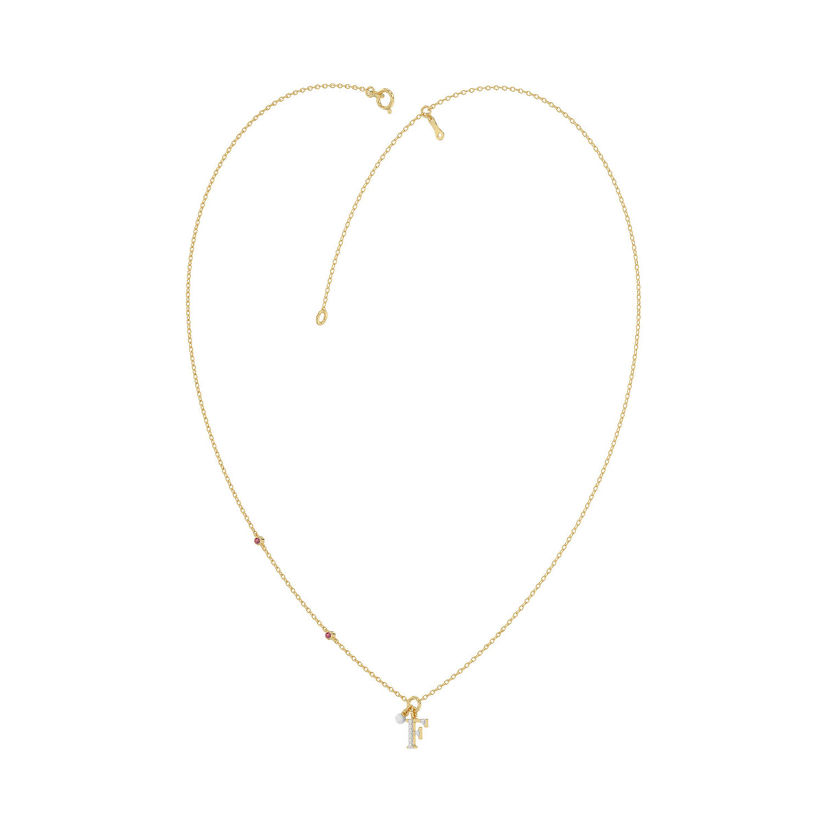 Stylish 10K Yellow Gold Ladies “F” Letter Necklace Featuring Round Ruby Diamonds And Pearl Accents. A Delicate And Personalized Fine Jewelry