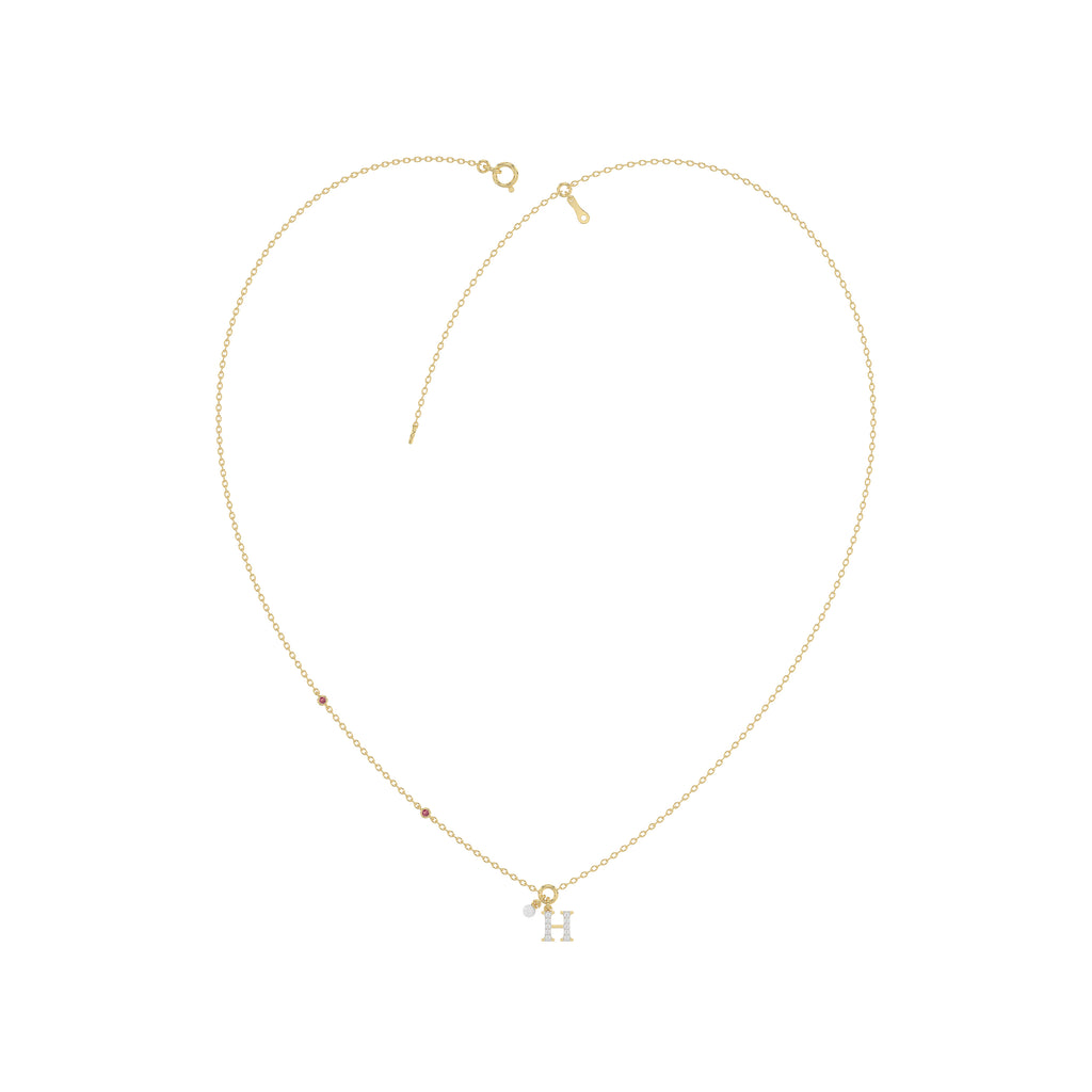 Stylish 10K Yellow Gold Ladies “H” Letter Necklace Featuring Round Ruby Diamonds And Pearl Accents. A Delicate And Personalized Fine Jewelry