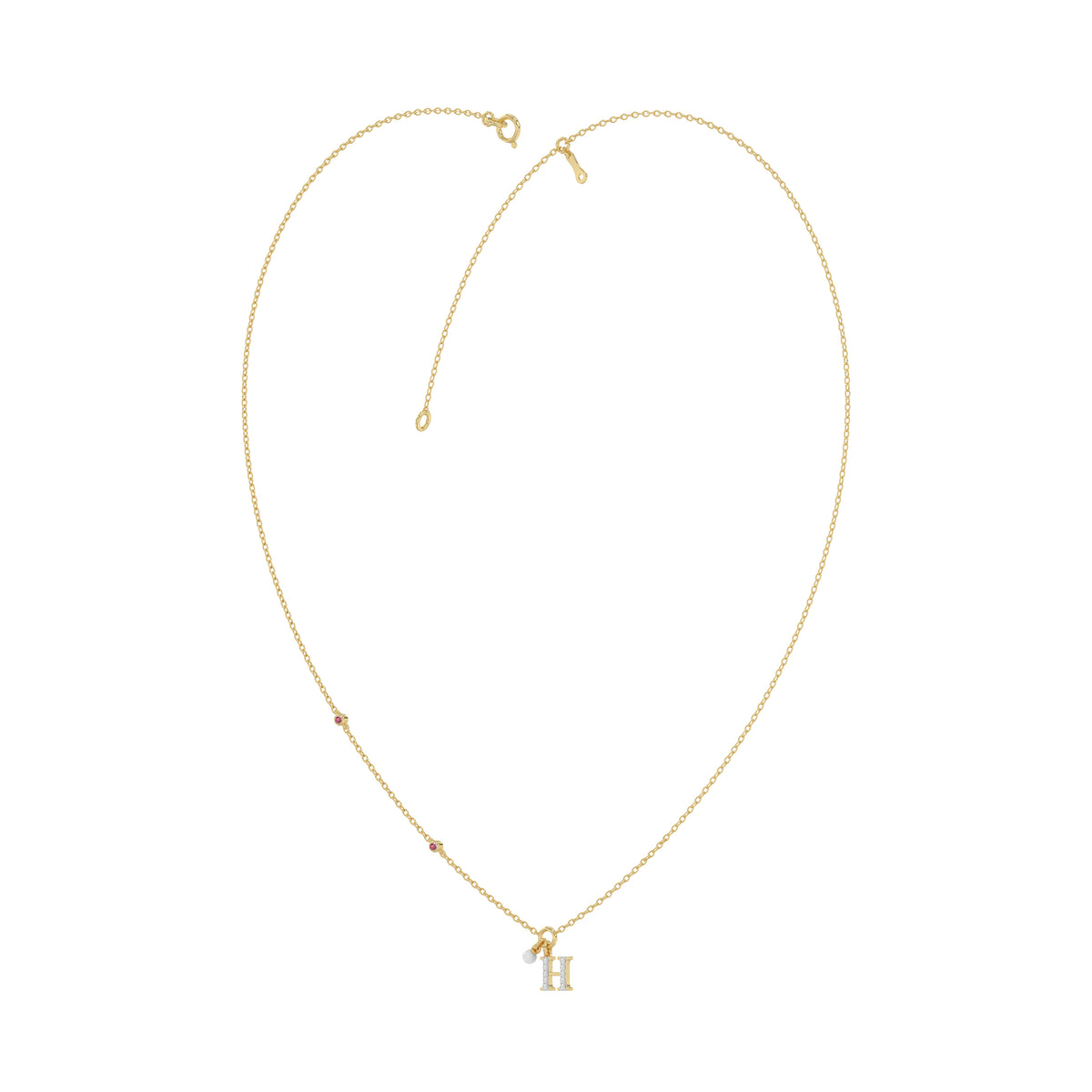 Stylish 10K Yellow Gold Ladies “H” Letter Necklace Featuring Round Ruby Diamonds And Pearl Accents. A Delicate And Personalized Fine Jewelry