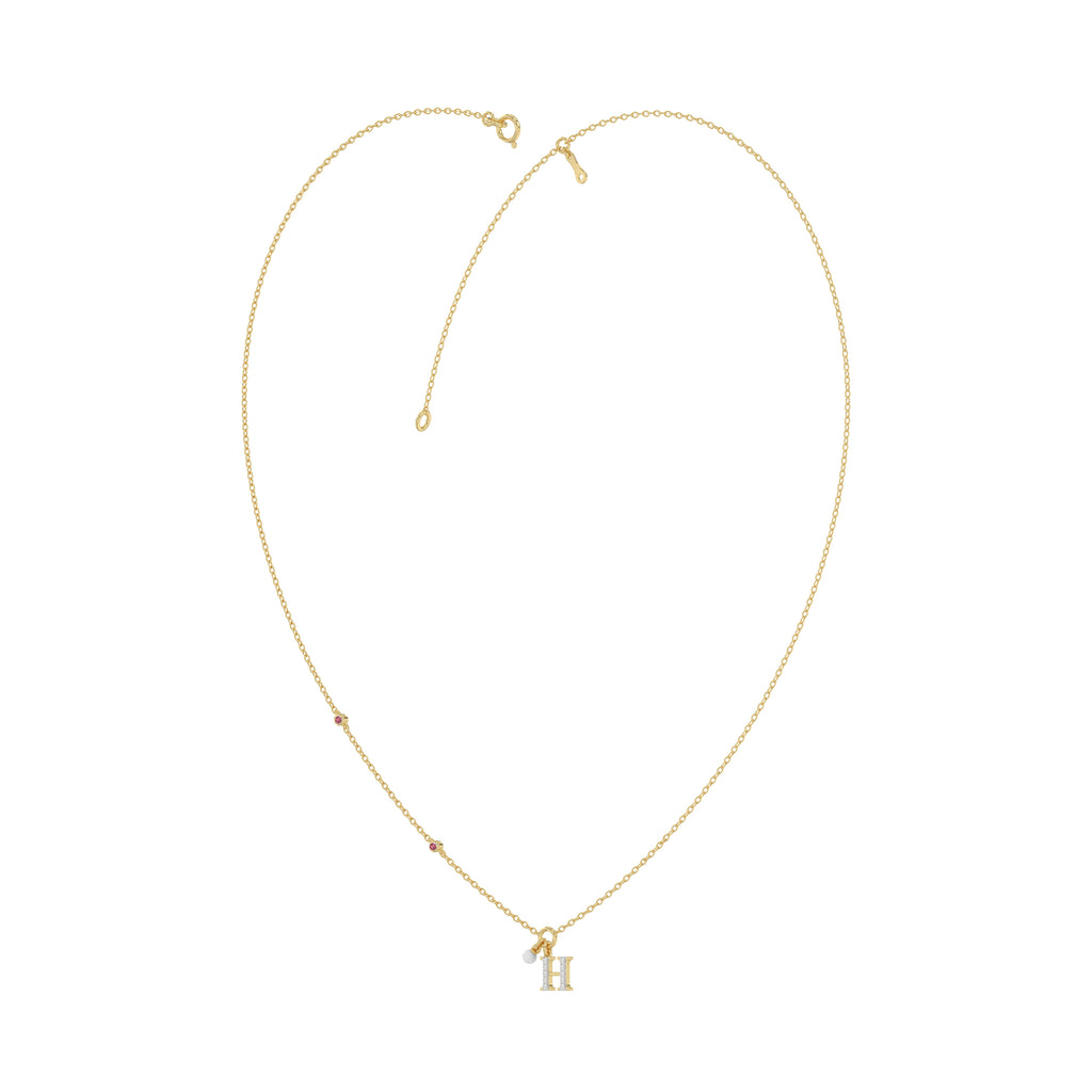 Stylish 10K Yellow Gold Ladies “H” Letter Necklace Featuring Round Ruby Diamonds And Pearl Accents. A Delicate And Personalized Fine Jewelry