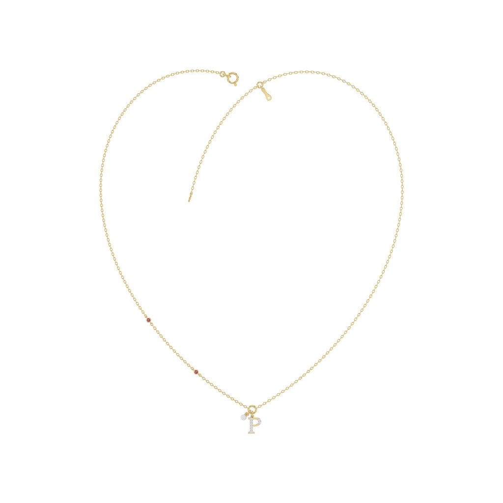 Stylish 10K Yellow Gold Ladies “P” Letter Necklace Featuring Round Ruby Diamonds And Pearl Accents. A Delicate And Personalized Fine Jewelry