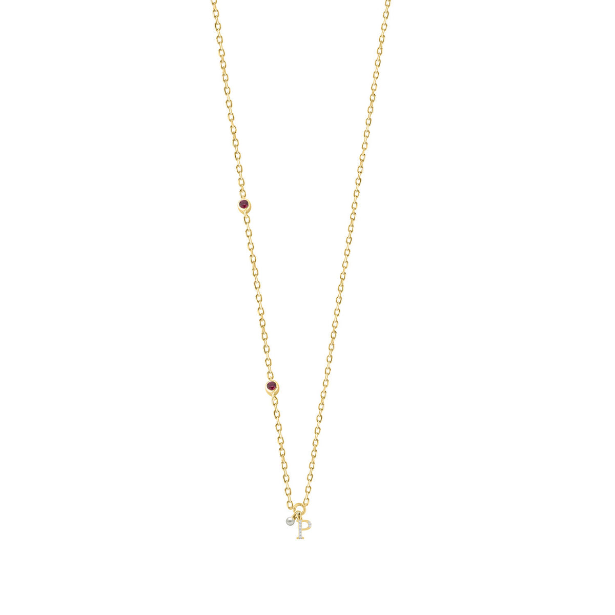 Stylish 10K Yellow Gold Ladies “P” Letter Necklace Featuring Round Ruby Diamonds And Pearl Accents. A Delicate And Personalized Fine Jewelry