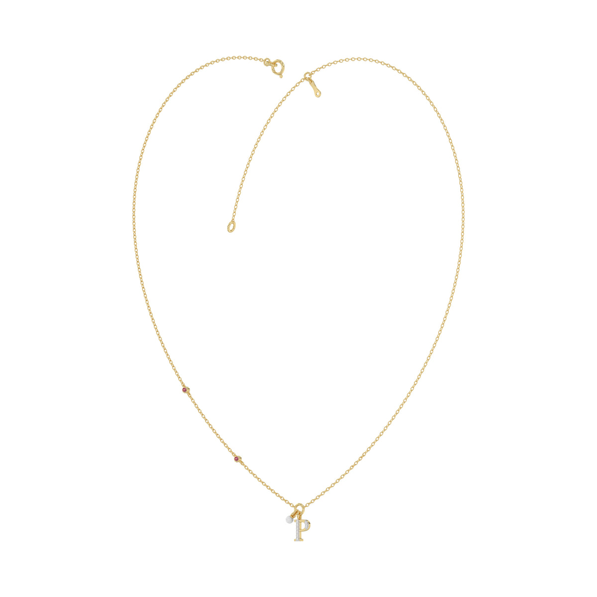 Stylish 10K Yellow Gold Ladies “P” Letter Necklace Featuring Round Ruby Diamonds And Pearl Accents. A Delicate And Personalized Fine Jewelry