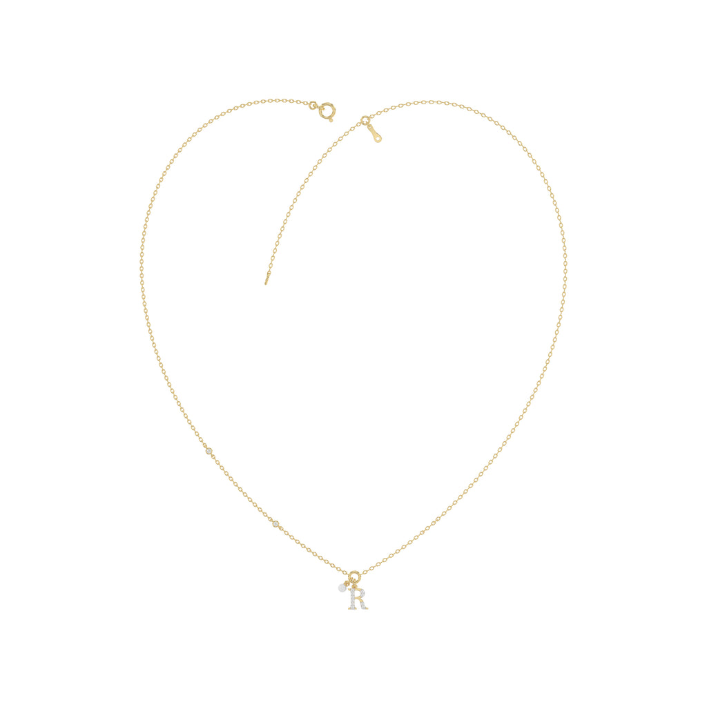 Stylish 10K Yellow Gold Ladies “R” Letter Necklace Featuring Round Ruby Diamonds And Pearl Accents. A Delicate And Personalized Fine Jewelry