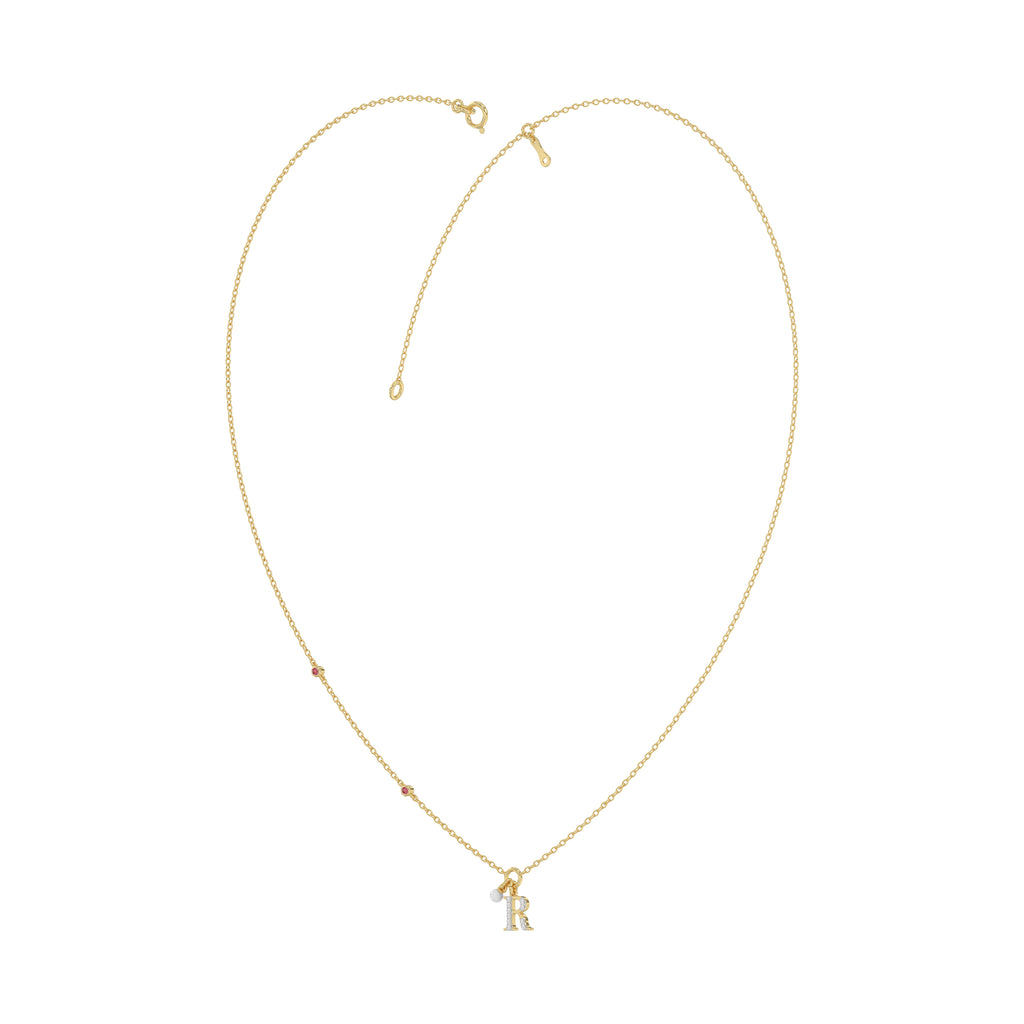 Stylish 10K Yellow Gold Ladies “R” Letter Necklace Featuring Round Ruby Diamonds And Pearl Accents. A Delicate And Personalized Fine Jewelry