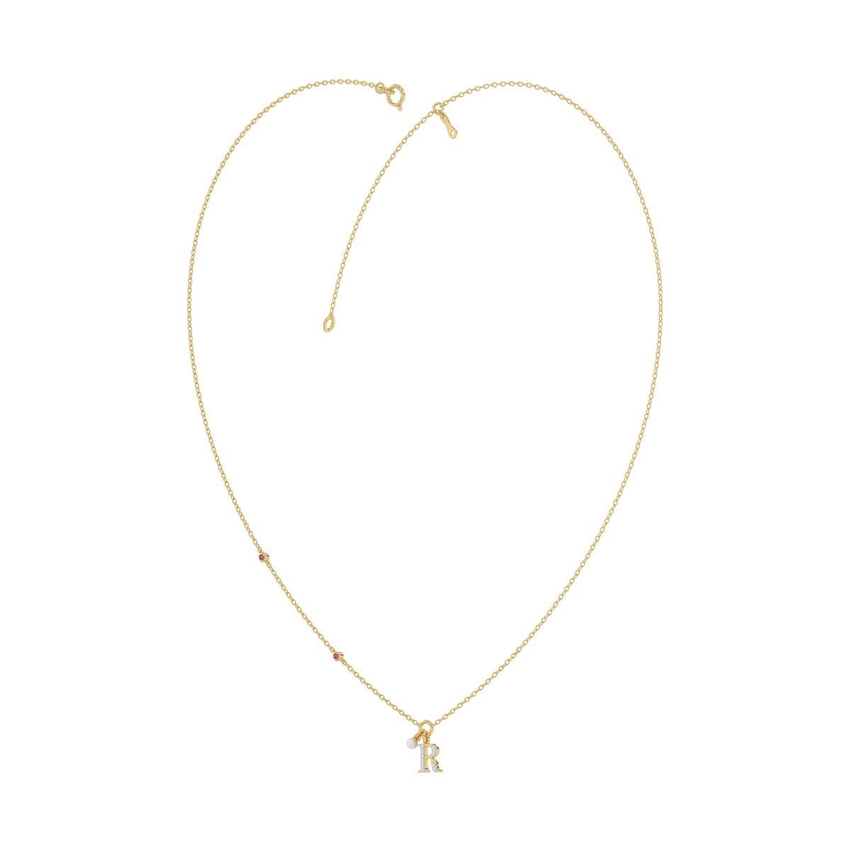 Stylish 10K Yellow Gold Ladies “R” Letter Necklace Featuring Round Ruby Diamonds And Pearl Accents. A Delicate And Personalized Fine Jewelry