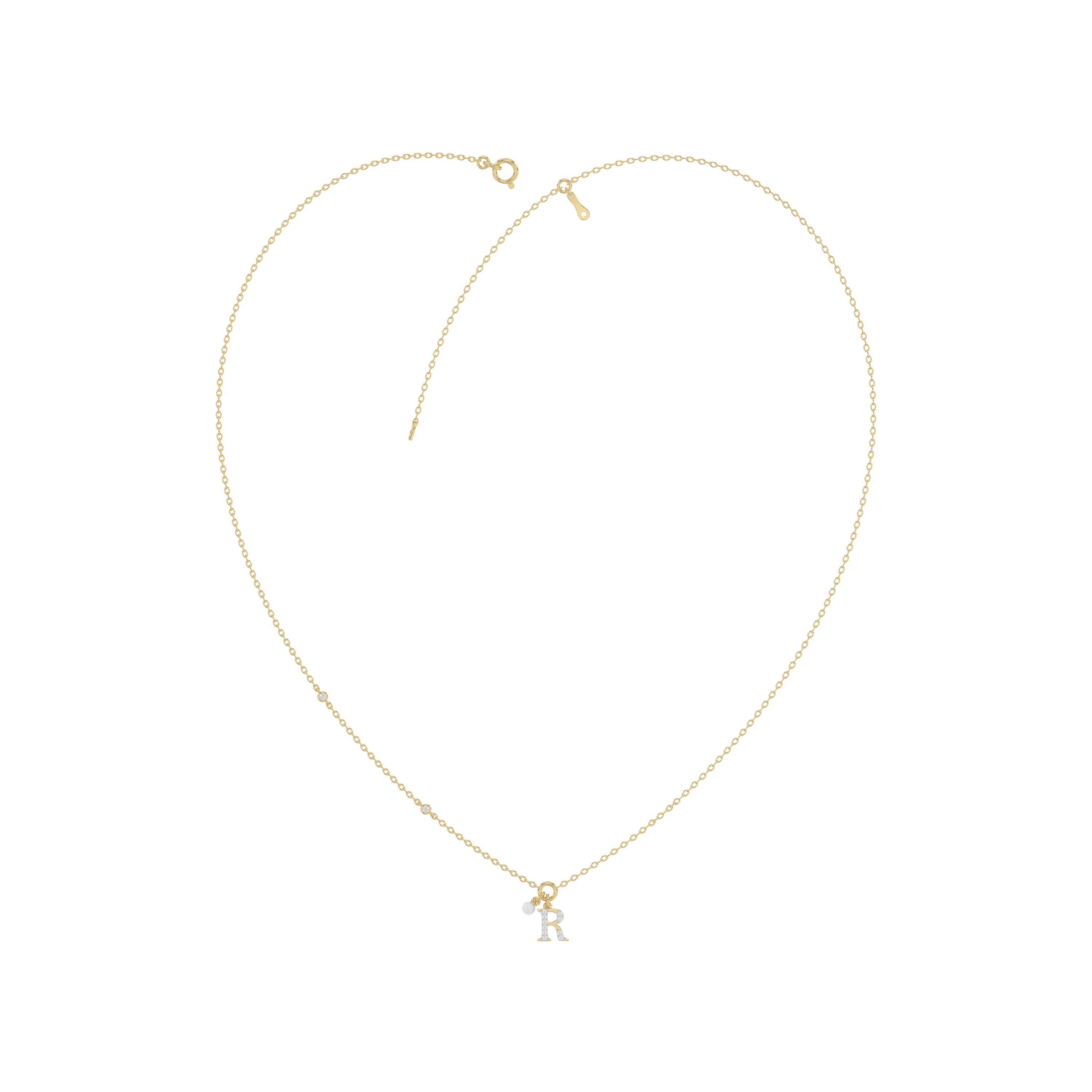 Stylish 10K Yellow Gold Ladies “R” Letter Necklace Featuring Round Ruby Diamonds And Pearl Accents. A Delicate And Personalized Fine Jewelry