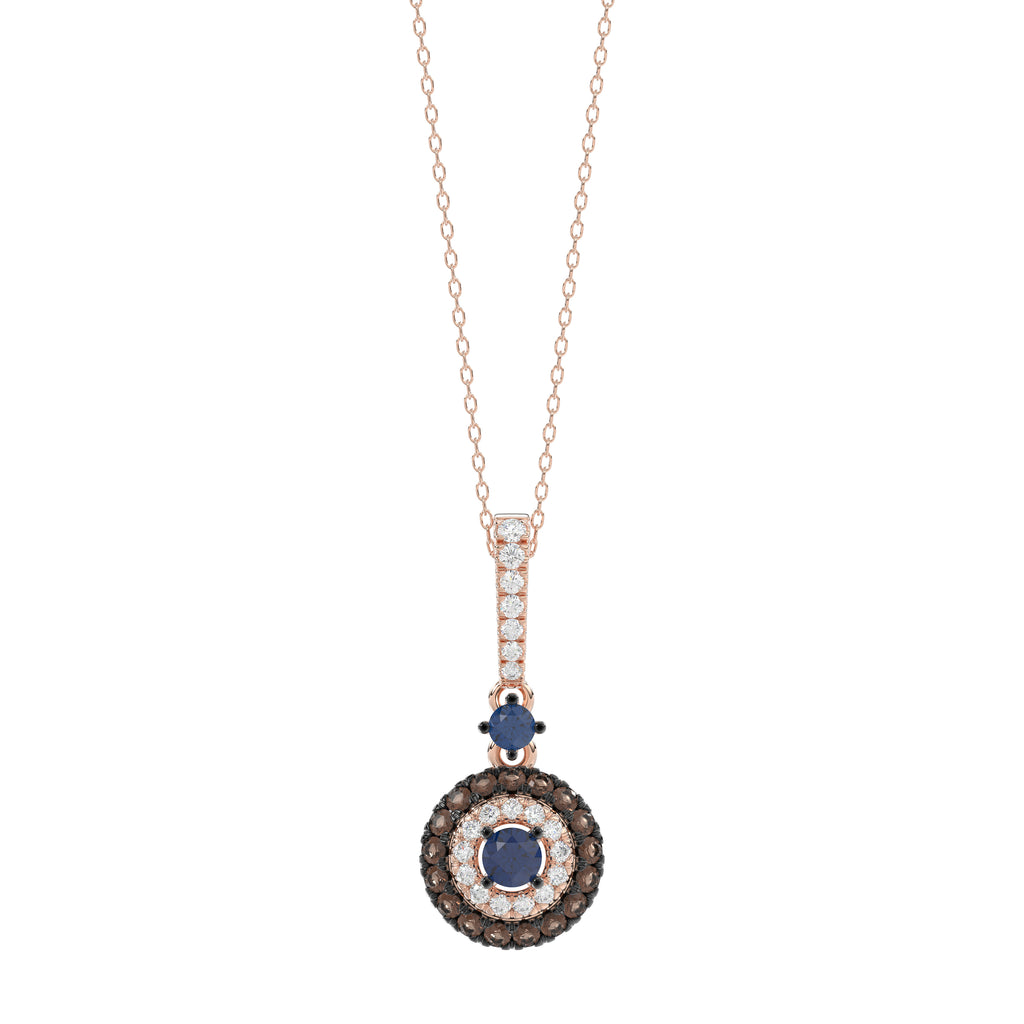 Luxury 14K Rose Gold Ladies Pendant With Chain Featuring Blue And Dark Brown & Round Diamonds. 0.50 Ct Elegant Jewelry Piece Perfect For Gifting.