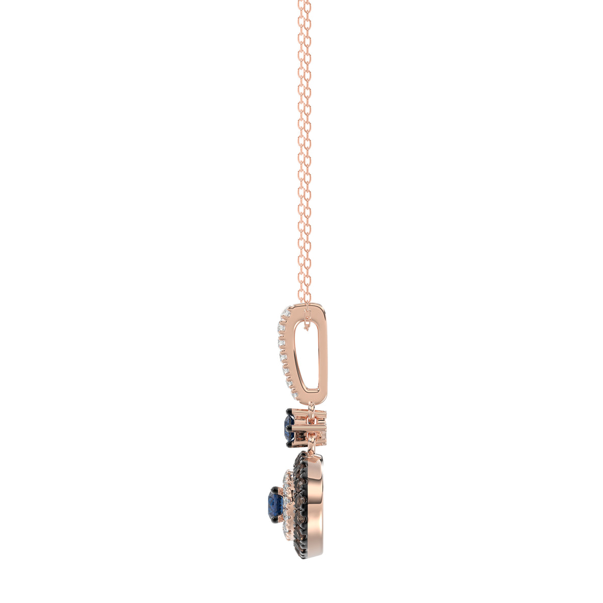 Luxury 14K Rose Gold Ladies Pendant With Chain Featuring Blue And Dark Brown & Round Diamonds. 0.50 Ct Elegant Jewelry Piece Perfect For Gifting.