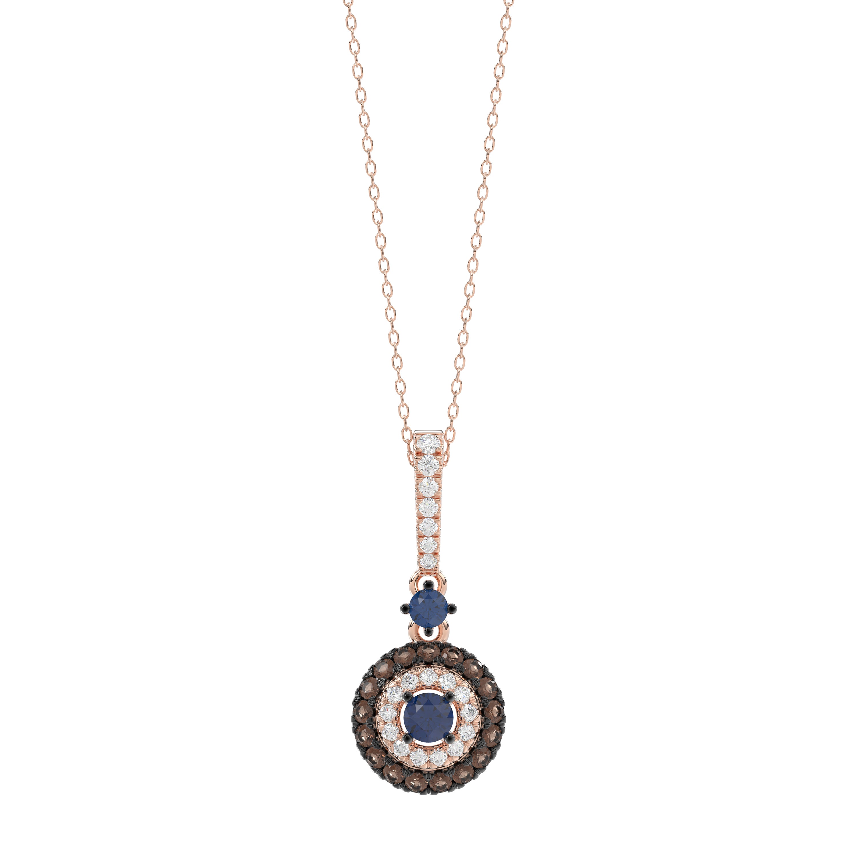 Luxury 14K Rose Gold Ladies Pendant With Chain Featuring Blue And Dark Brown & Round Diamonds. 0.50 Ct Elegant Jewelry Piece Perfect For Gifting.
