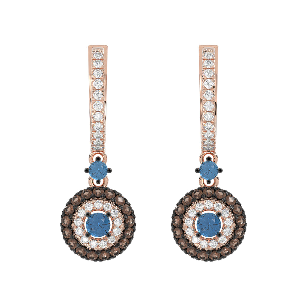 Beautiful 14K Rose Gold Ladies Hoop Earrings Featuring Multi-Color Diamonds In Blue And Dark Brown Shades.1.00 Ct Elegant Jewelry Design.
