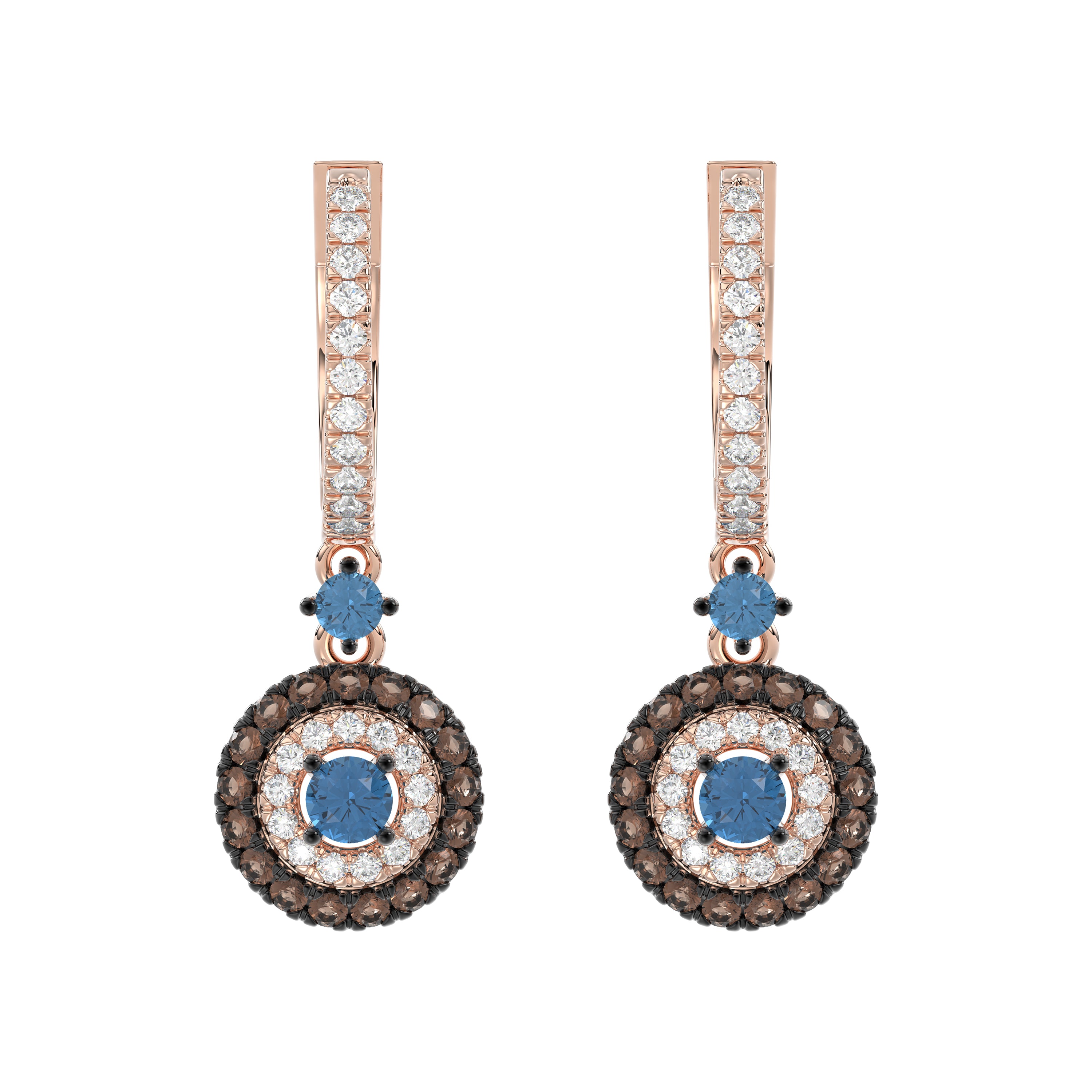Beautiful 14K Rose Gold Ladies Hoop Earrings Featuring Multi-Color Diamonds In Blue And Dark Brown Shades.1.00 Ct Elegant Jewelry Design.