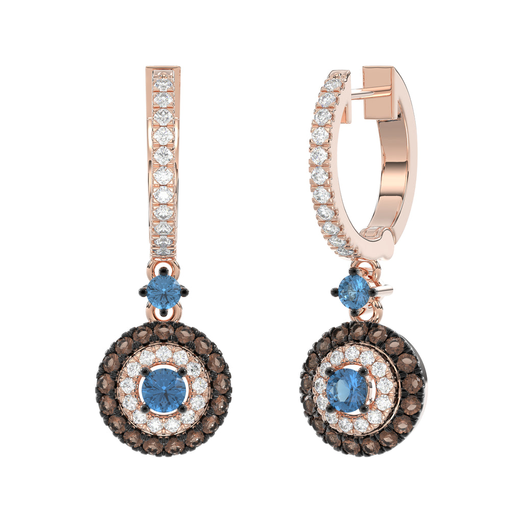 Beautiful 14K Rose Gold Ladies Hoop Earrings Featuring Multi-Color Diamonds In Blue And Dark Brown Shades.1.00 Ct Elegant Jewelry Design.