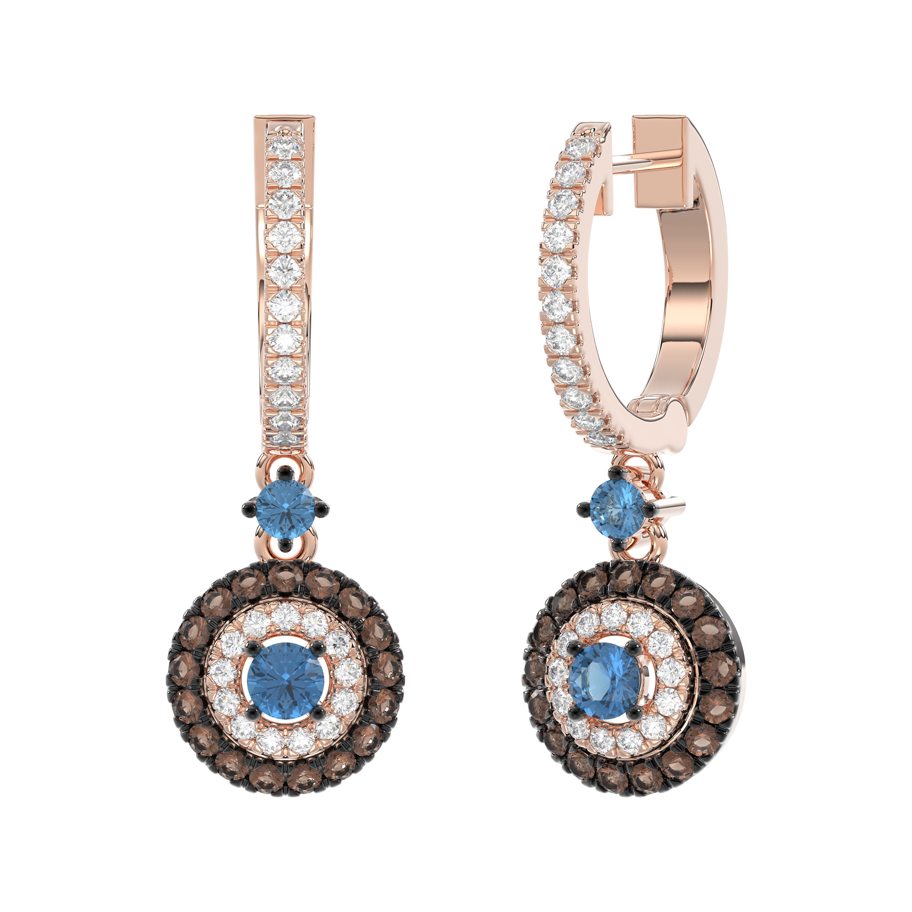 Beautiful 14K Rose Gold Ladies Hoop Earrings Featuring Multi-Color Diamonds In Blue And Dark Brown Shades.1.00 Ct Elegant Jewelry Design.