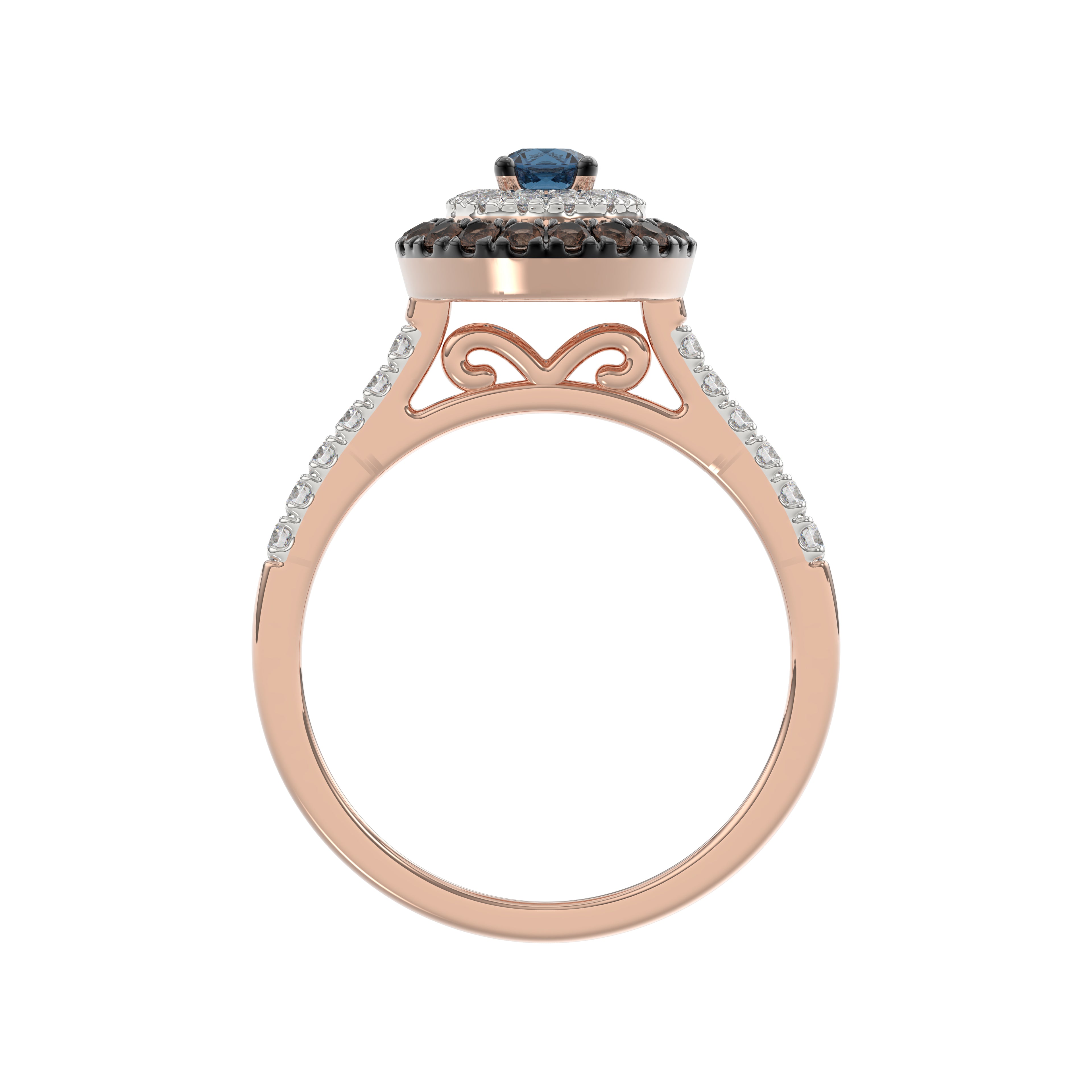 LADIES RING 0.55CT ROUND/ROUND BLUE/DARK BROWN DIAMOND 14K ROSE GOLD