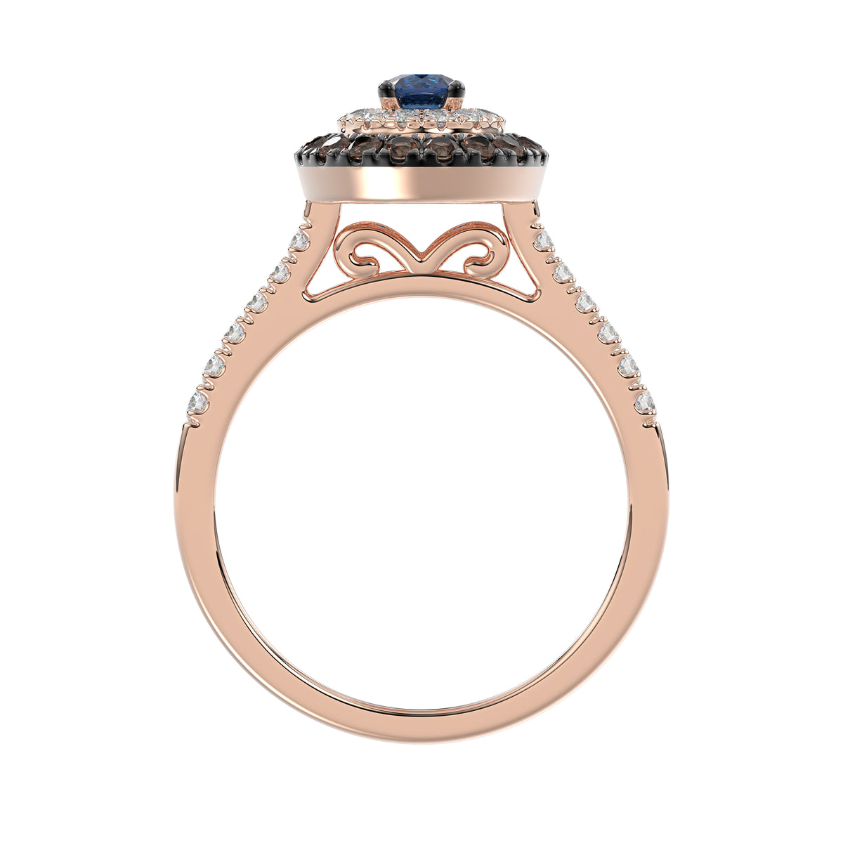 Elegant 14K Rose Gold Fashion Ring Featuring 0.55 Ct Round Diamonds In Blue And Dark Brown Tones. A Bold And Modern Fine Jewelry Piece For Women.