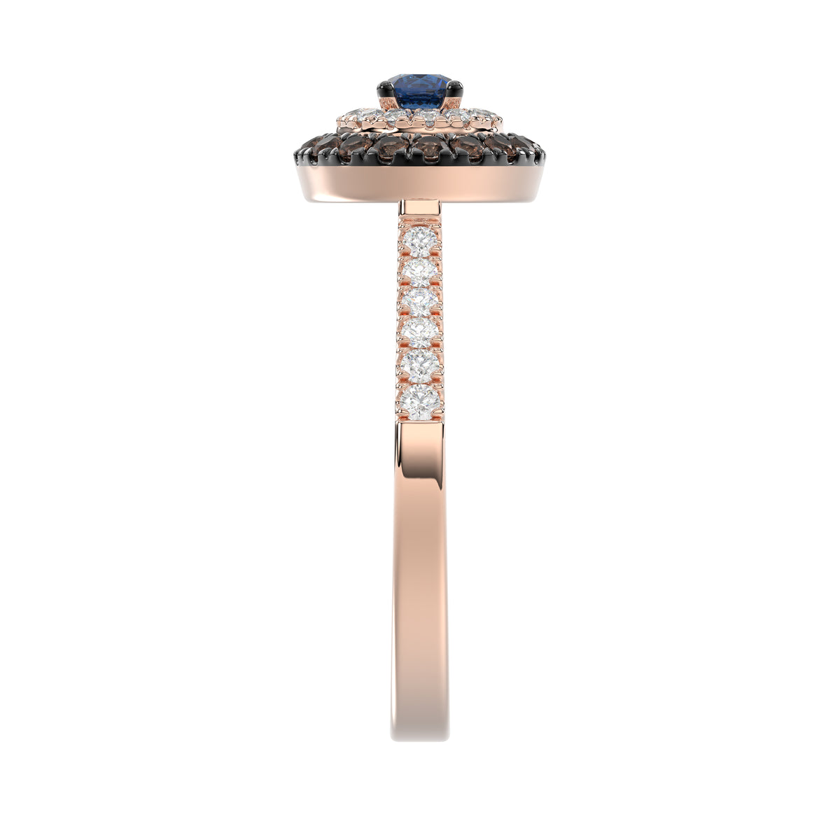 Elegant 14K Rose Gold Fashion Ring Featuring 0.55 Ct Round Diamonds In Blue And Dark Brown Tones. A Bold And Modern Fine Jewelry Piece For Women.