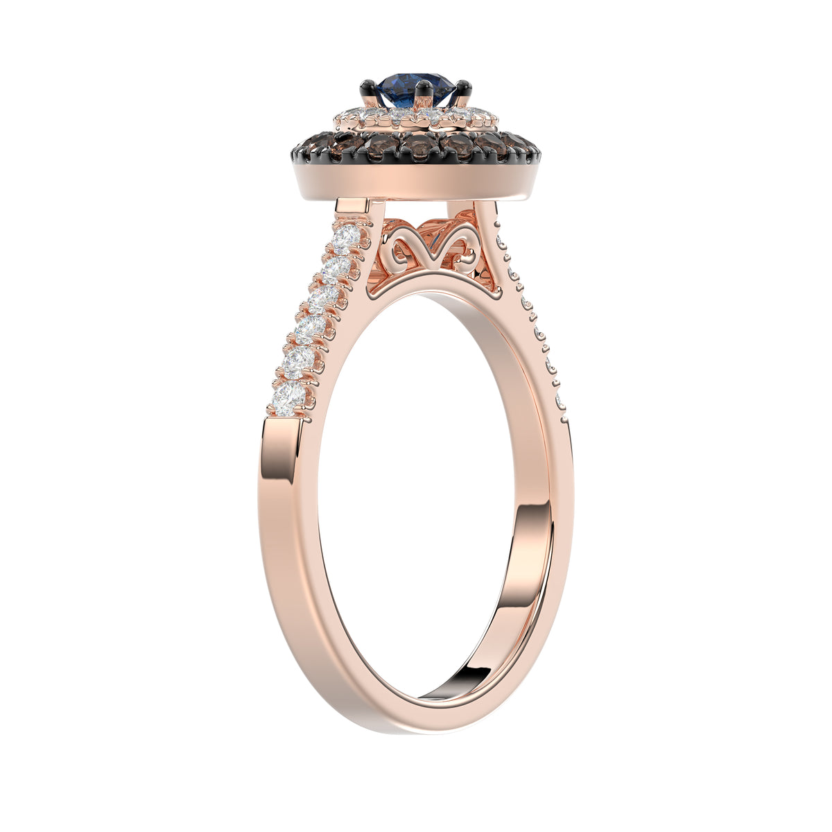 Elegant 14K Rose Gold Fashion Ring Featuring 0.55 Ct Round Diamonds In Blue And Dark Brown Tones. A Bold And Modern Fine Jewelry Piece For Women.