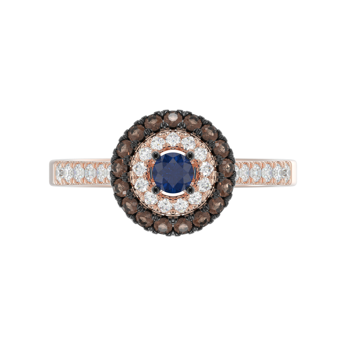 Elegant 14K Rose Gold Fashion Ring Featuring 0.55 Ct Round Diamonds In Blue And Dark Brown Tones. A Bold And Modern Fine Jewelry Piece For Women.