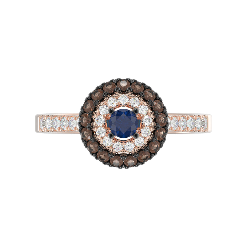 Elegant 14K Rose Gold Fashion Ring Featuring 0.55 Ct Round Diamonds In Blue And Dark Brown Tones. A Bold And Modern Fine Jewelry Piece For Women.