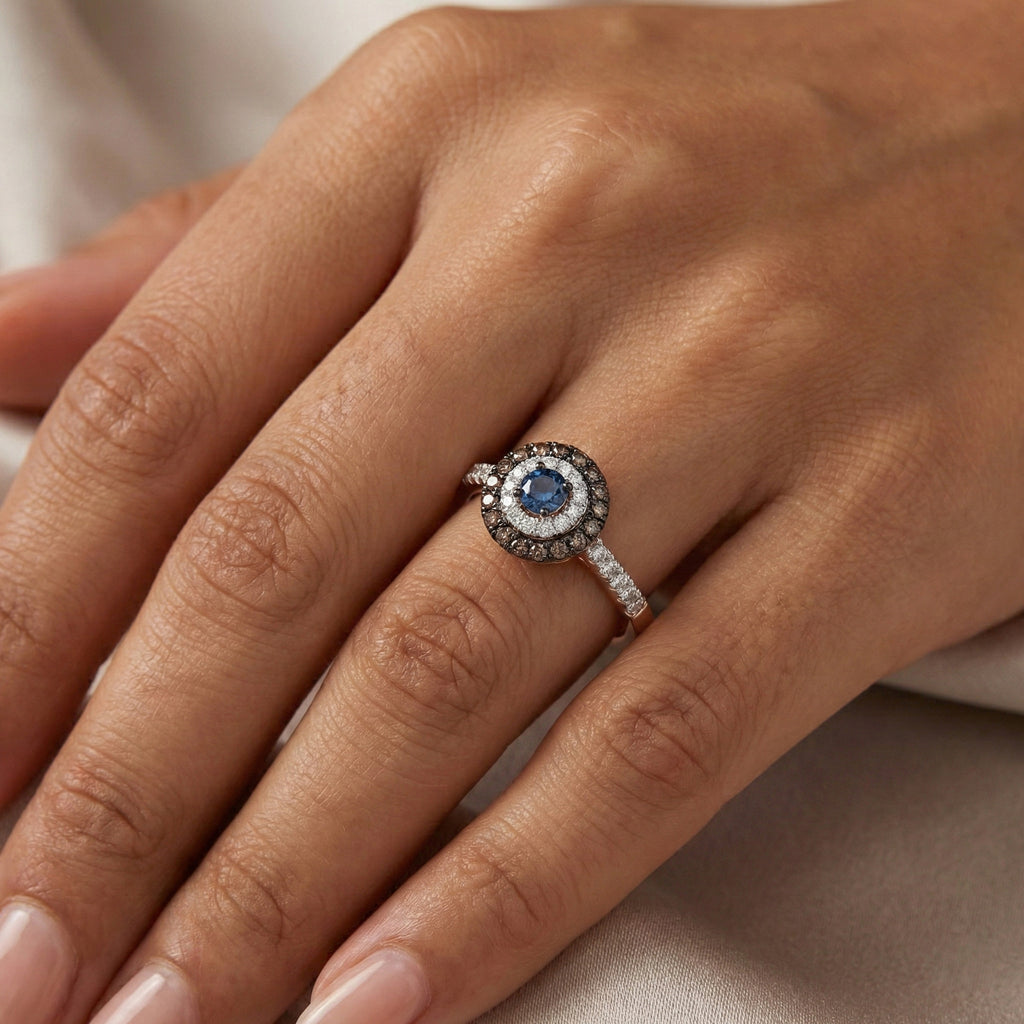 LADIES RING 0.55CT ROUND/ROUND BLUE/DARK BROWN DIAMOND 14K ROSE GOLD