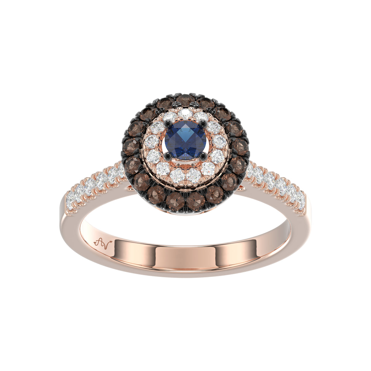 Elegant 14K Rose Gold Fashion Ring Featuring 0.55 Ct Round Diamonds In Blue And Dark Brown Tones. A Bold And Modern Fine Jewelry Piece For Women.
