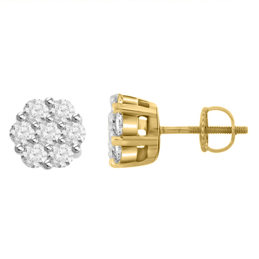 LADIES FLOWER EARRINGS 1.00CT ROUND DIAMOND 10K YELLOW GOLD