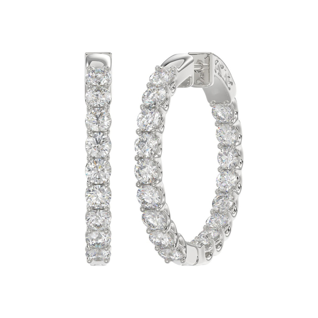 LADIES HOOP EARRINGS 5CT ROUND DIAMOND 14K WHITE GOLD