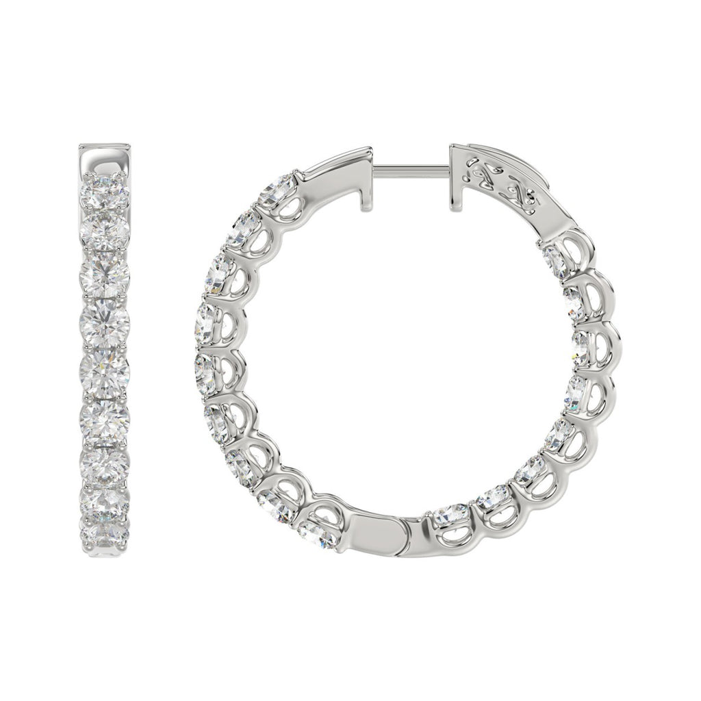 LADIES HOOP EARRINGS 5CT ROUND DIAMOND 14K WHITE GOLD