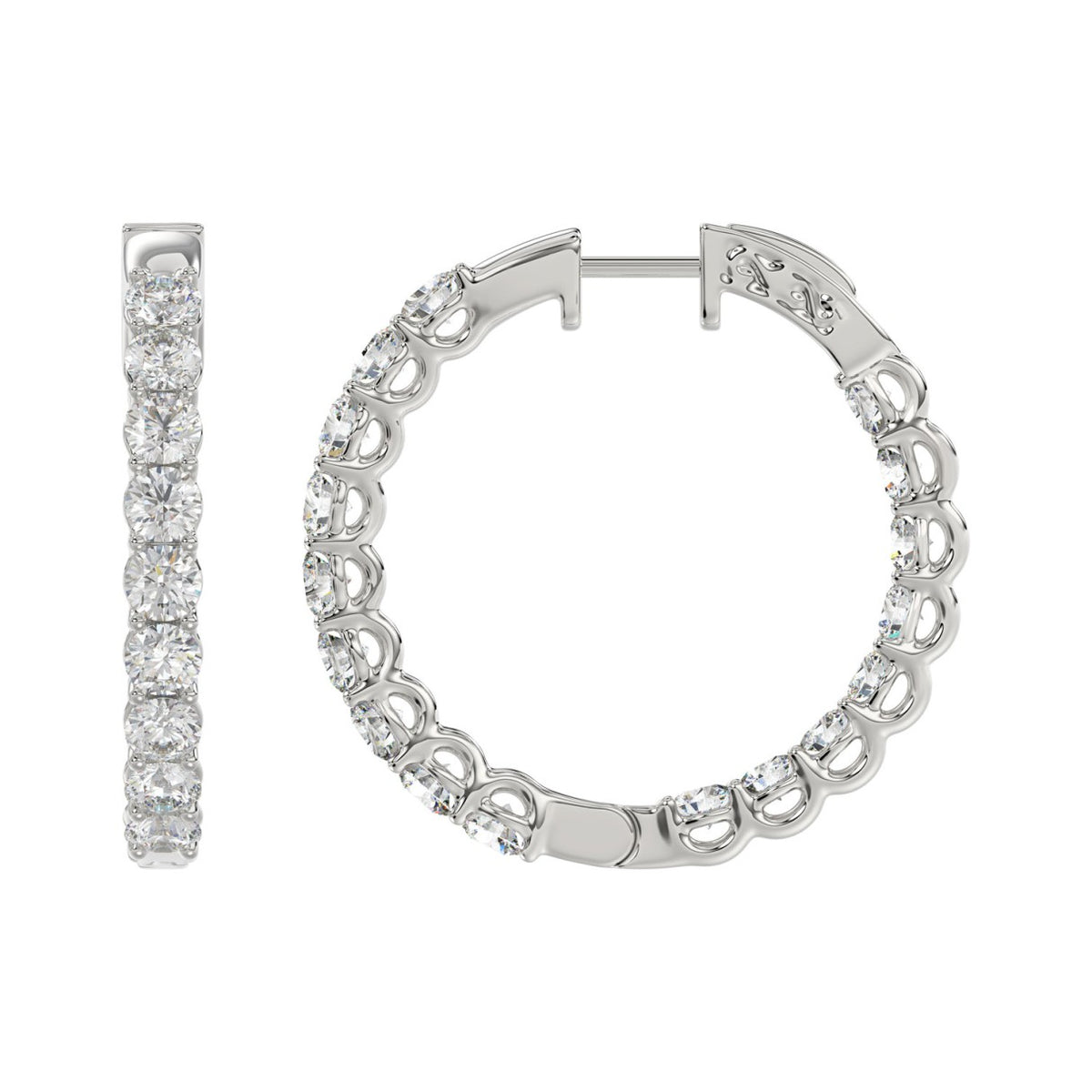 LADIES HOOP EARRINGS 5CT ROUND DIAMOND 14K WHITE GOLD