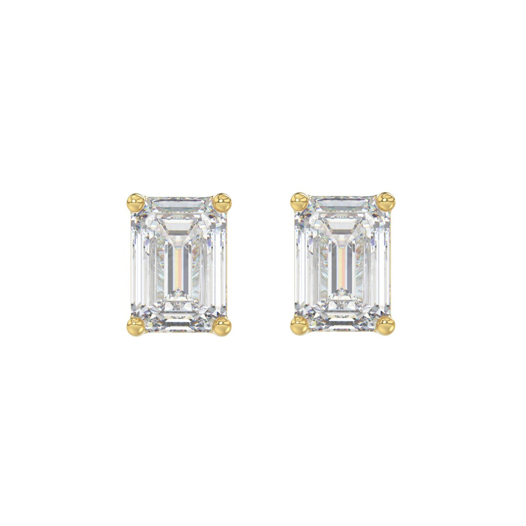 LADIES SOLITAIRE EARRINGS 3CT EMERALD DIAMOND 14K YELLOW GOLD