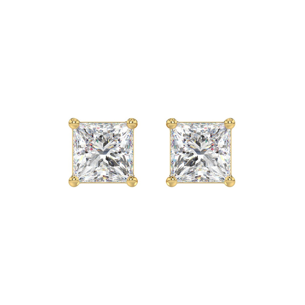 LADIES SOLITAIRE EARRINGS 3CT PRINCESS DIAMOND 14K YELLOW GOLD