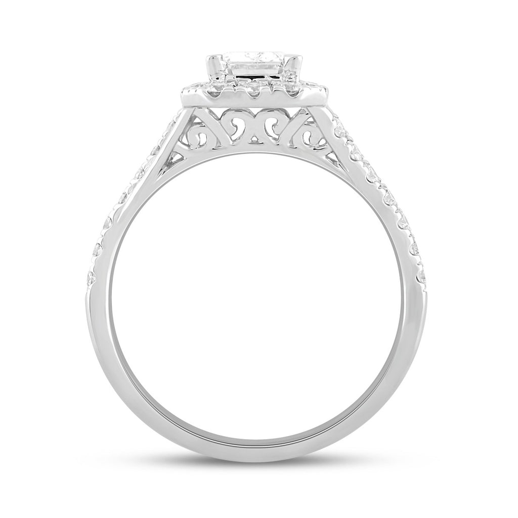 LADIES RING 1 1/2CT ROUND/EMERALD DIAMOND 14K WHITE GOLD (CENTER STONE EMERALD DIAMOND 1CT)