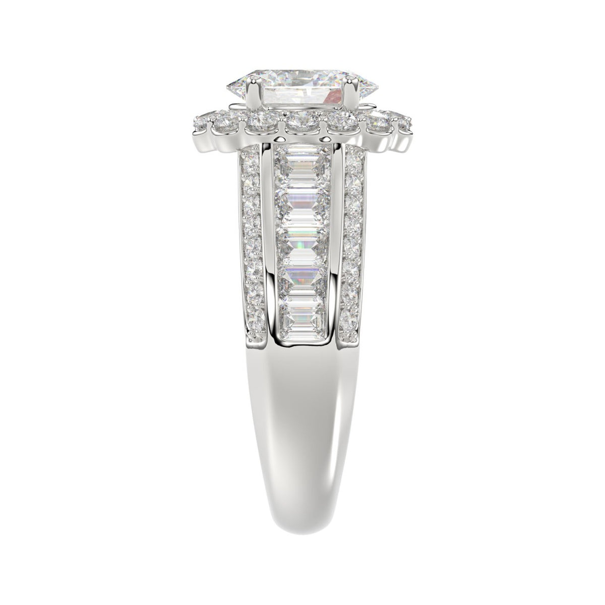 LADIES RING 3 3/4CT ROUND/OVAL/EMERALD DIAMOND 14K WHITE GOLD (CENTER STONE OVAL DIAMOND 1 1/2CT )