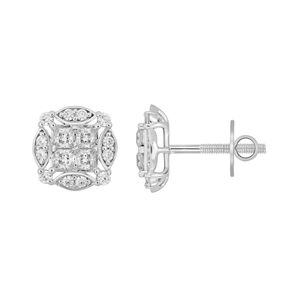 14K WHITE GOLD 1 1/4CT ROUND/PRINCESS DIAMOND MEN'S EARRINGS 