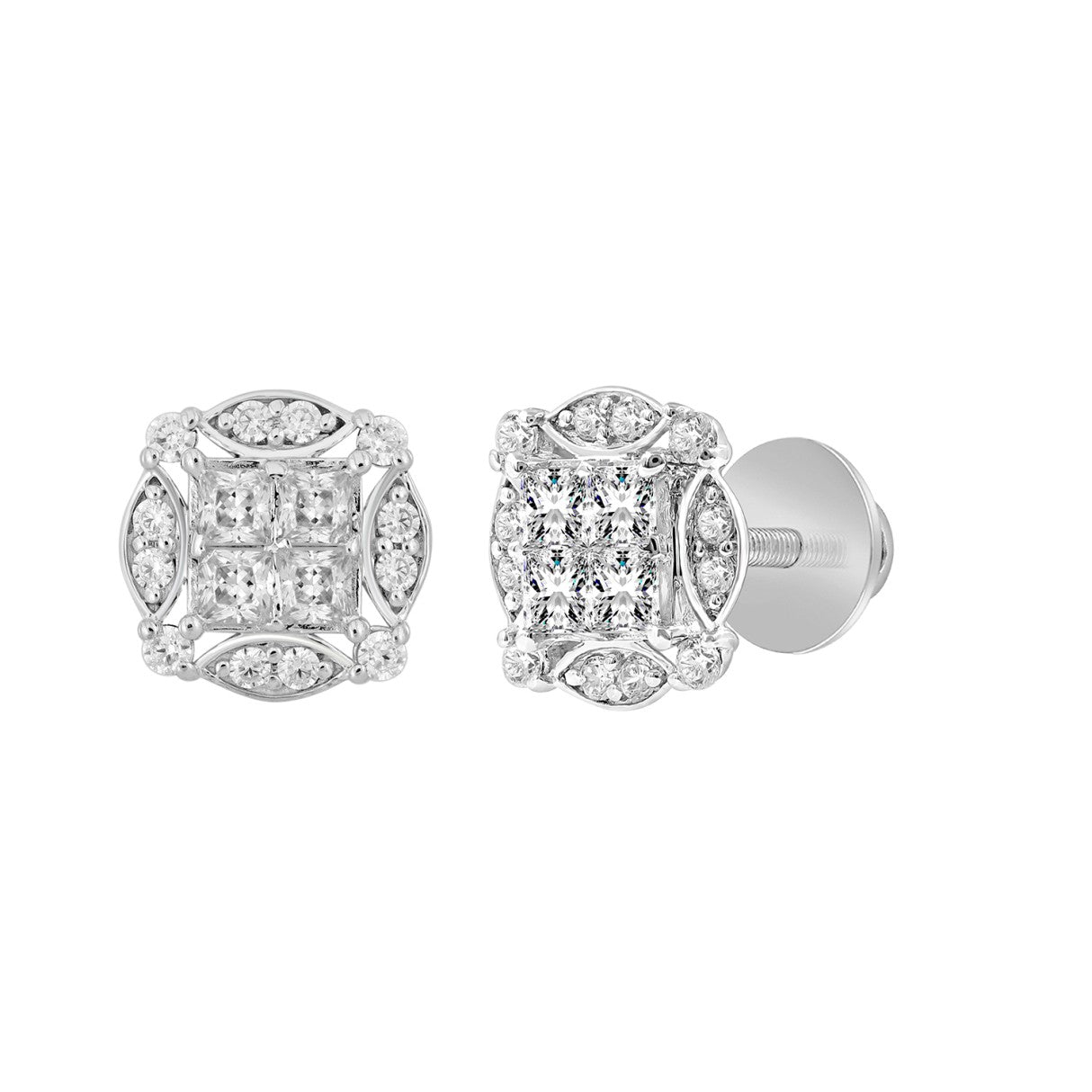 14K WHITE GOLD 1 1/4CT ROUND/PRINCESS DIAMOND MEN'S EARRINGS 