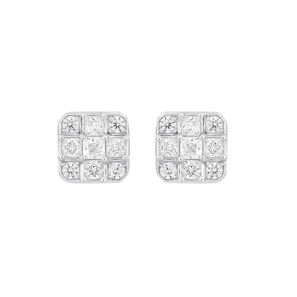 LADIES EARRINGS 1CT ROUND/PRINCESS DIAMOND 14K WHITE GOLD
